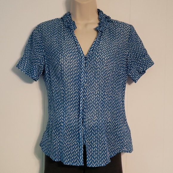 Banana Republic Silk Blouse Blue White Print Womens XS - Picture 1 of 9